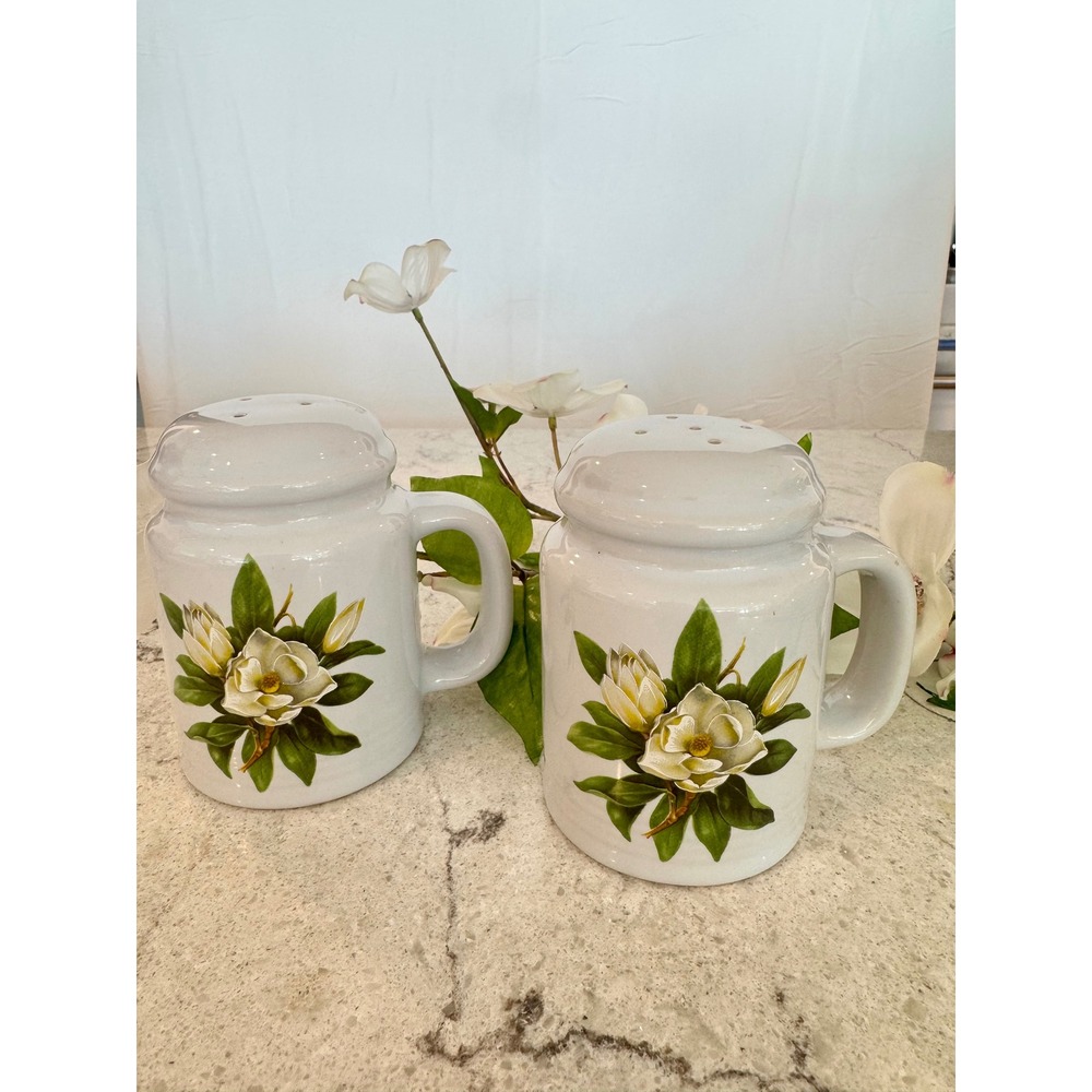 Vintage Magnolia Floral Ceramic Salt and Pepper Shakers Set White Mug Style